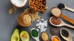 Healthy food clean eating on grey backgroud-feature-ss | Benefits Of A Keto Vegan Diet And What To Be Aware Of | feature